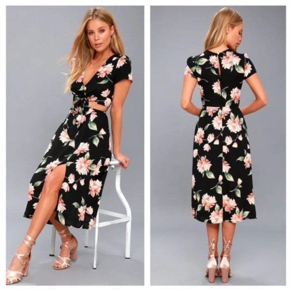 Lulu's Aliso Floral Print Cutout Midi Dress S‎ Black/Pink